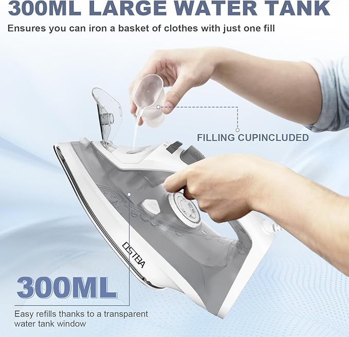 OSTBA 1600W Steam Iron for Clothes with Rapid Heating Nonstick Soleplate, 300ml Water Tank, Precise Thermostat Dial, Self-Cleaning, Anti-limescale, Drip Stop Function Clothes Iron
