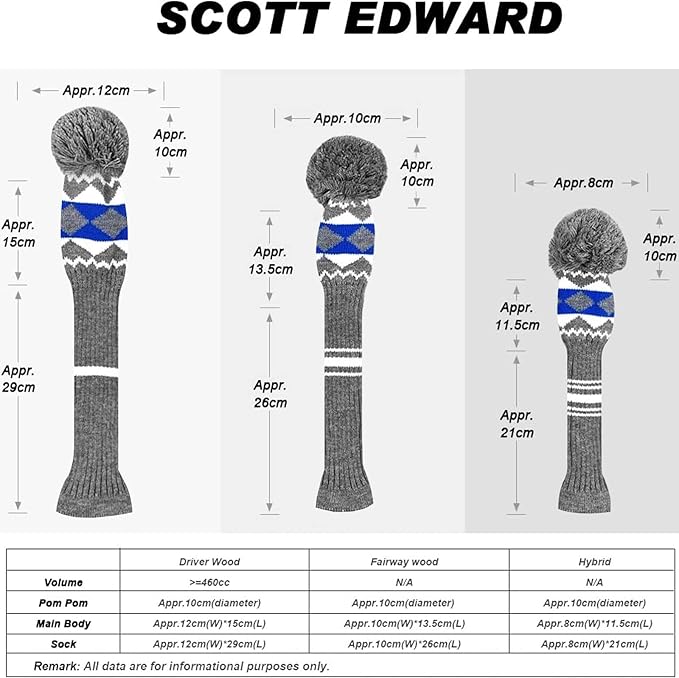 Scott Edward Knit Wood Golf Club Head Covers 4 Pieces Knitted Item Fit Over Well Driver Wood(460cc) Fairway Wood and Hybrid(UT)