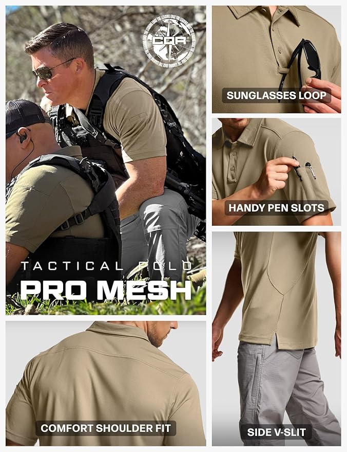 CQR Men's Polo Shirts, Tactical Short Sleeve Golf Performance Shirts, Lightweight Dry Fit UPF 50+ Pique