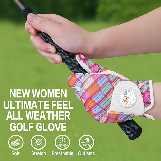 Golf Gloves Women with Ball Marker 2 Pack, Right Handed Golfer Left Hand, Ladies Breathable Soft All Weather Grip Glove Fit Size Small Medium Large XL