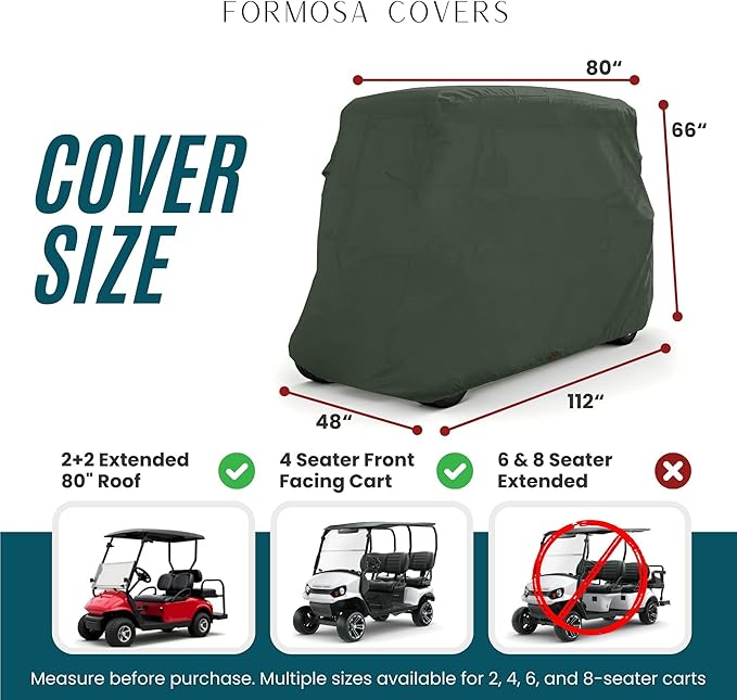 Golf Cart Cover 4 Seater roof up to 80" L Green, fits EZGO, Club Car and Yamaha G/YDR Model