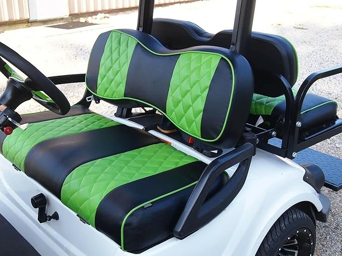 Huskey Golf Cart Front Seat Covers for Club Car Precedent 2004+ Models, Custom Fit, Black/Lime Green Diamond Stitching, Marine Grade Vinyl, Staple On