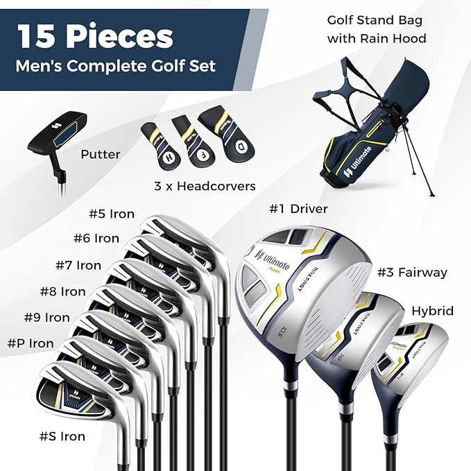 ULTIMATE 12 Pieces Men's Complete Golf Clubs Set w/Golf Stand Bag, 460cc #1 Driver, #3 Fairway, #5 Hybrid, #5#6#7#8#9#P#S Irons, Putter, Full Right-Handed Golf Set for Men
