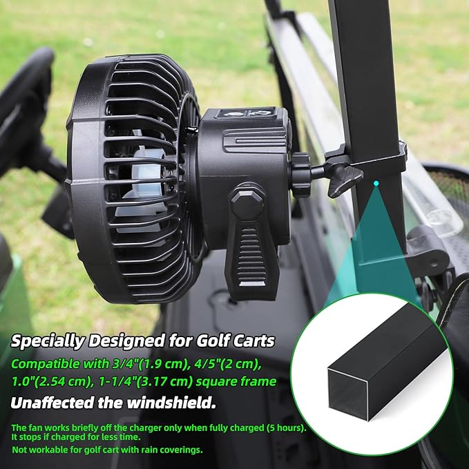 Roykaw Golf Cart Portable Rechargeable Fan Compatible with EZGO Club Car Yamaha, 10400mAh Battery Operated, 3-Gear Speed/LED Lantern, Cordless Fan with Remote/Handle/Hang Hook, USB & Type C Port