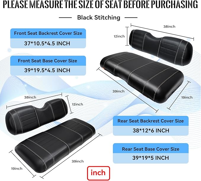Golf Cart Seat Covers fits Club Car Precedent/DS/EZGO RXV/TXT/Yamaha Front Rear Seat Cushion，Black Leather Custom Stripe Soft Comfortable/Anti-Scratch/Easy to Clean