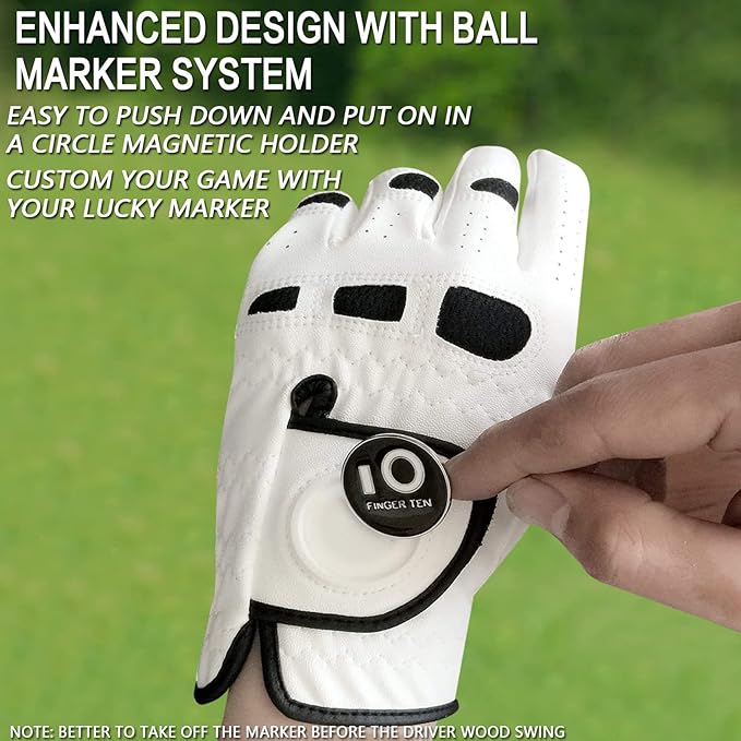 FINGER TEN Men’s Golf Gloves Left Hand Right with Ball Marker 2 Pack, Weathersof Grip Soft Comfortable, Fit Size Small Medium ML Large XL