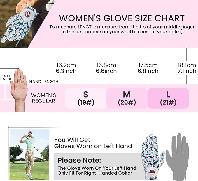 Amy Sport Womens Golf Glove with Ball Marker Rain Left Right Hand Leather Printed Pack, Ladies Golf Gloves All Weather Grip Breathable Soft Size Small Medium Large XL