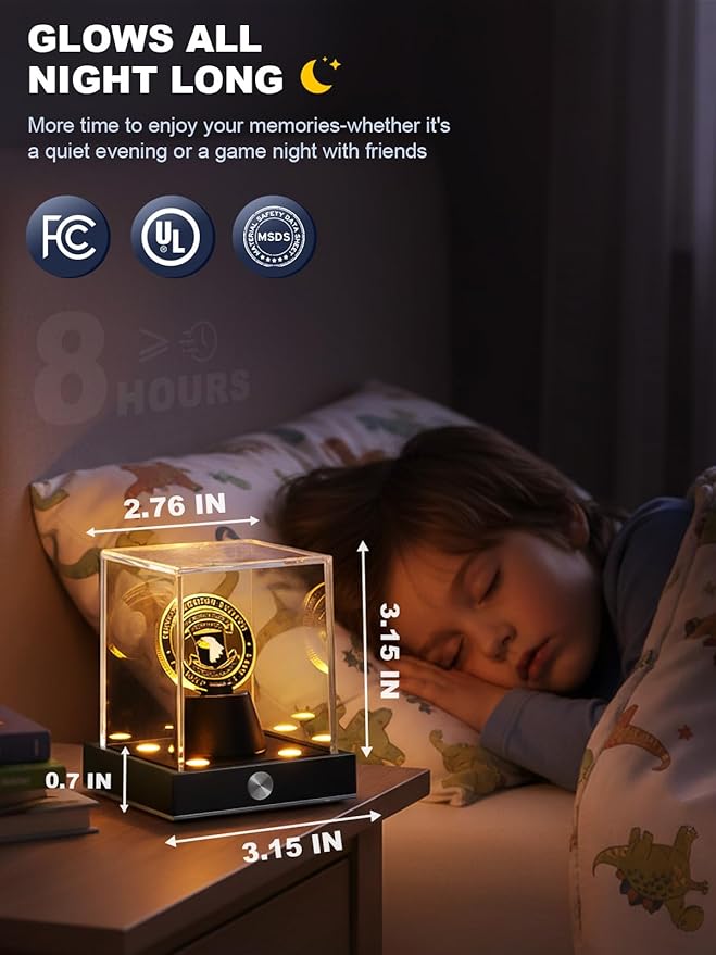 JupDec Cordless LED Challenge Coin Display Case, Clear Acrylic Single Silver Dollar Holder with 10 Color Light up, Autograph Coin Showcase with Memory Function, Ideal Gift for Sports Fans