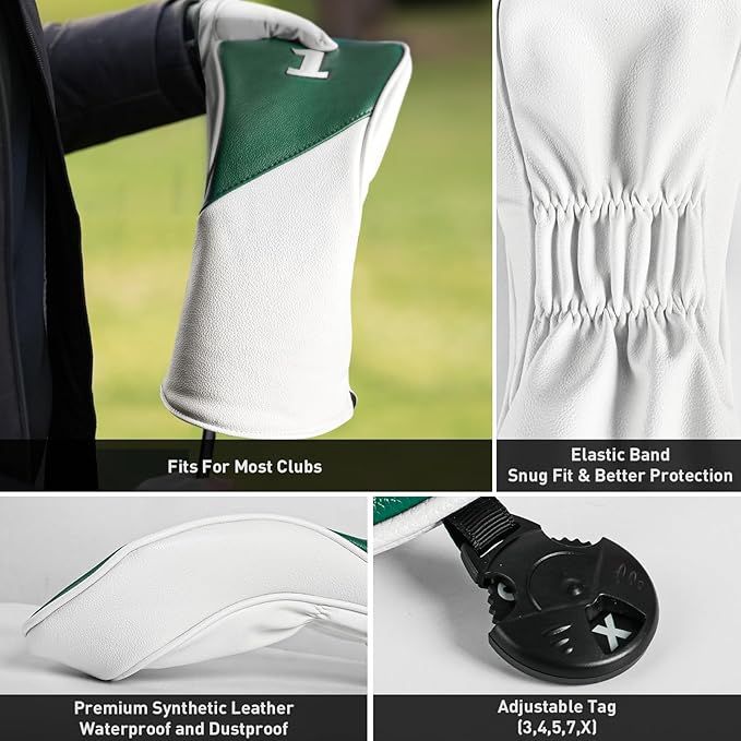 FINGER TEN Golf Club Head Covers for Woods Driver Fairway Hybrid with Interchangeable Number Tag 1 3 5 Premium Leather Headcovers for Women Men