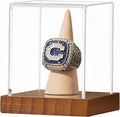 JupDec Championship Ring Display Case, Clear Acrylic Single Ring Holder with Wood Stand Base for Sports Basketball Baseball Fan Souvenirs Military, UV Protection