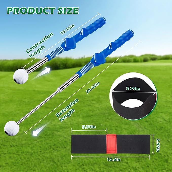 welspo Retractable Golf Swing Trainer Aid with Arm Band, Rhythm Click Sound, Warm-Up and Grip Trainer, Right-Handed Golf Club for Improve Chipping and Hitting Strength