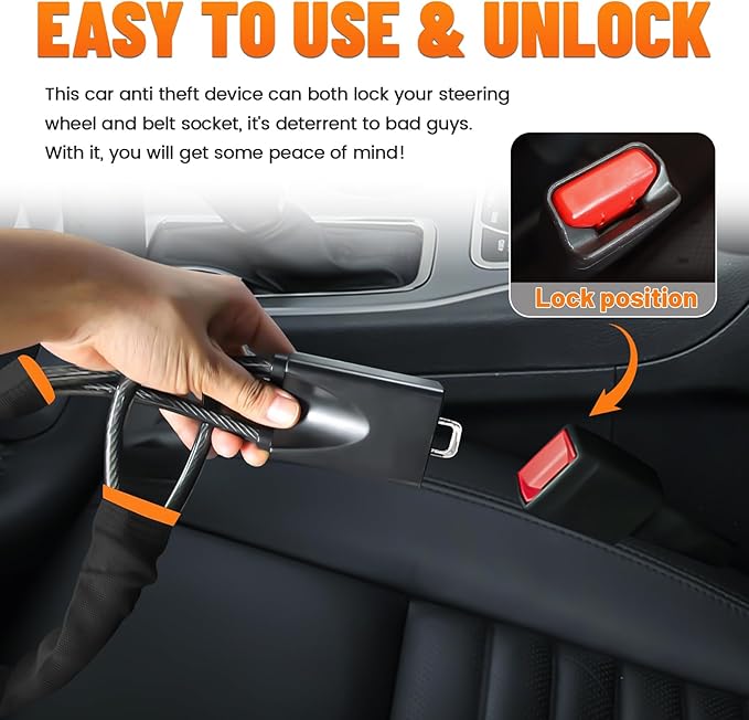 DualGuard Car Steering Wheel & Seat Belt Lock - 17" Universal Anti-Theft Device for Vehicles, SUVs, Golf Carts | Compact & Lightweight Security Lock with Multi-Function Keys (Black)