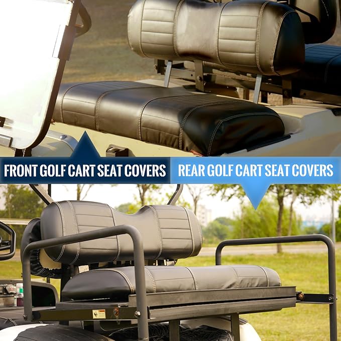 Golf Cart Seat Covers fits Club Car Precedent/DS/EZGO RXV/TXT/Yamaha Front Rear Seat Cushion，Black Leather Custom Stripe Soft Comfortable/Anti-Scratch/Easy to Clean
