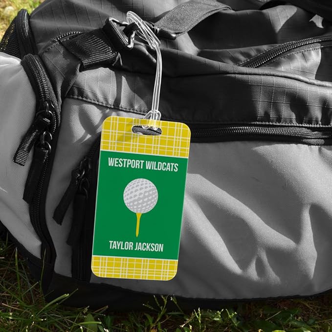ChalkTalkSPORTS Golf Luggage & Bag Tag | Personalized Team with Golf Ball | Standard Lines on Back | Large | Yellow/Green