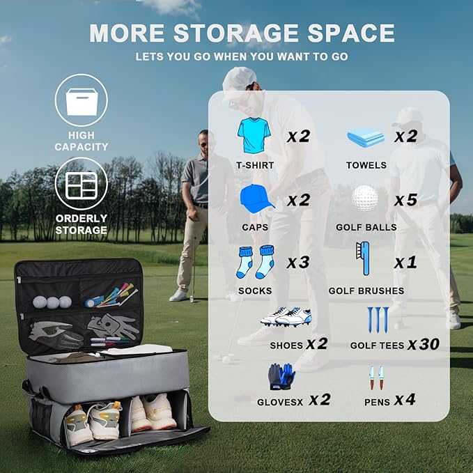 Golf Trunk Organizer Car Golf Locker with Separate Ventilated Compartment for 2 Pair Shoes,Golf Trunk Storage, Tees for Balls Golf Gifts for Women and Men-Light Grey