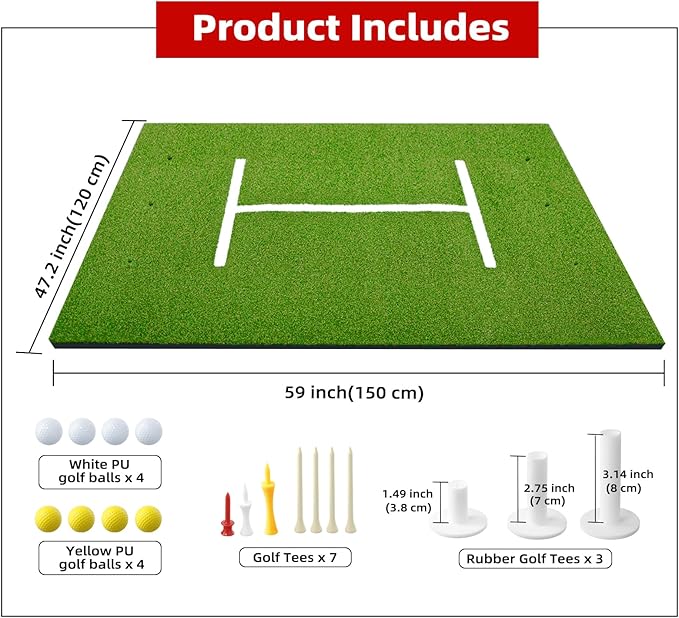 Golf Mat 5x4ft Thicken Golf Hitting Mats Outdoor, Golf Practice Swing Mat, Golf Stance Mat, Golf Training Aid, Non-Slip/High-Elastic Base, w/ 10 Golf Tees & 8 Golf Balls