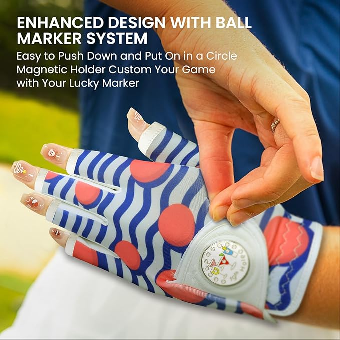 FINGER TEN Stylish Golf Gloves Women with Ball Marker 1 Pack for Left or Right Hand, Breathable Glove with Fashion Patterns for Ladies Right Left Handed Golfer