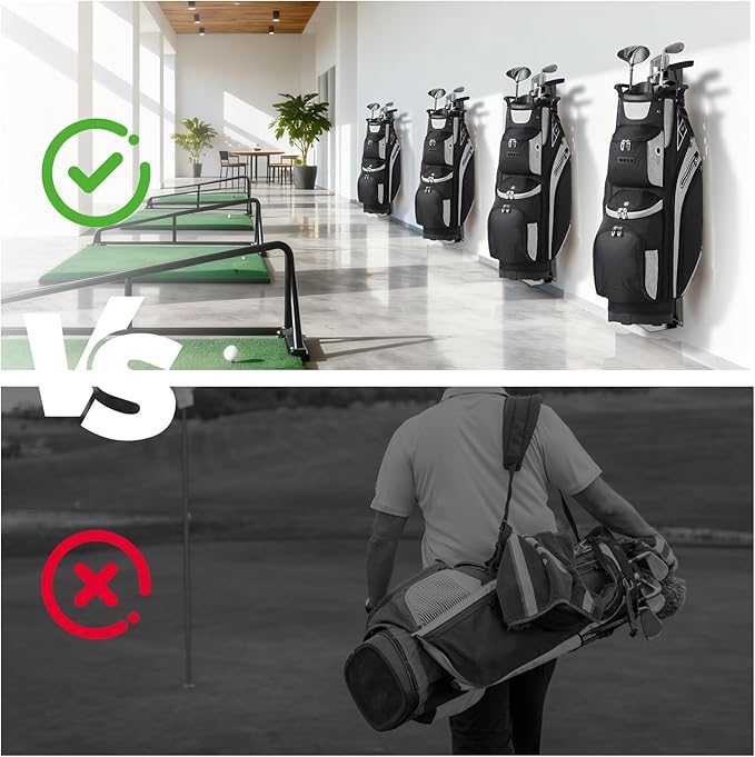 Adjustable Wall Mount Golf Bag Holder - 33.5" to 42.5" Tool-Free Length Adjustment, Heavy-Duty Alloy Steel Storage Rack for Garage, Home, and Golf Club Organization