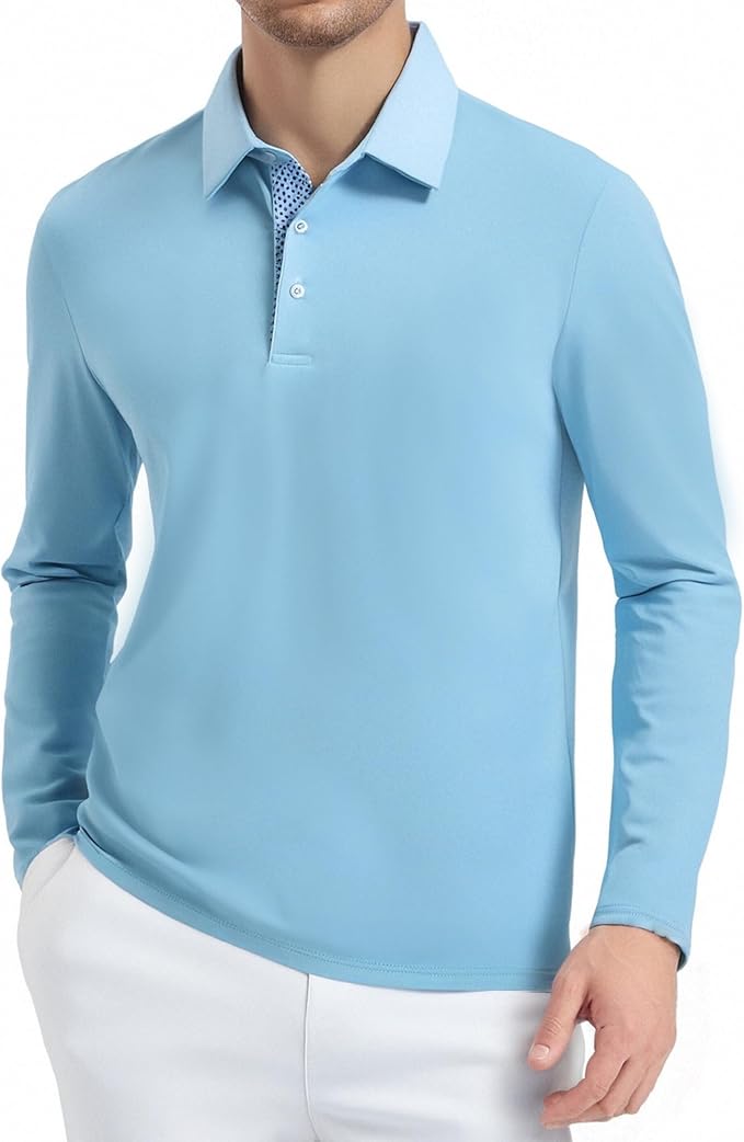 Alex Vando Mens Golf Shirt Moisture Wicking Quick-Dry Solid Long Sleeve Polo Shirts for Men
