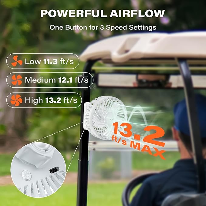 A2C Golf Cart Fan Rechargeable Magnetic Base Battery Operated Portable Fan 3 Speeds 4000 RPM Strong Airflow Compatible with Yamaha, EZGO, Club Car - 360° Rotatable Golf Cart & Cruise Ship Accessories