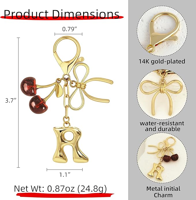 Gold Bubble Heart, Cherry, Bow & More Designs Letter Initial Keychain Bag Charms – Cute Purse Charms for Handbags