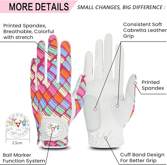 Golf Gloves Women with Ball Marker 2 Pack, Right Handed Golfer Left Hand, Ladies Breathable Soft All Weather Grip Glove Fit Size Small Medium Large XL