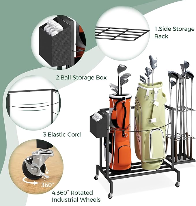 Golf Bag Organizer for Garage, Golf Bag Storage Stand Fits 2 Golf Bags, Freestanding Golf Club Holder for Garage, Shed, Home, Basement, Other Golfing Equipment Accessories, Black BEBK17501