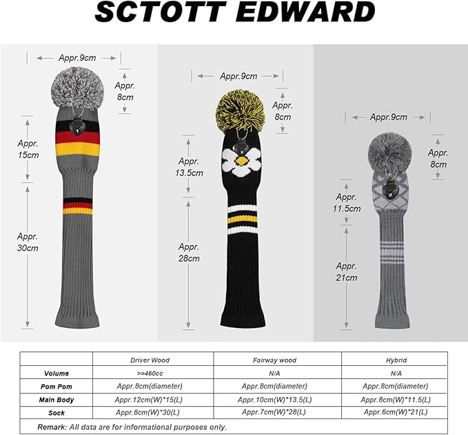 Scott Edward Knit Golf Head Covers for Woods Set of 3 Fits Well Driver(460cc) Fairway Wood and Hybrid(UT) The Perfect Change for Golf Bag