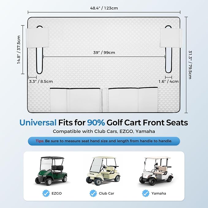 Tecoom Golf Cart Seat Covers, Universal Golf Cart Seat Towel Blanket with Armrest Strap 4 Pockets Non-Slip Bottom, Fits Club Car, EZGO, Yamaha, and More Front Seats, Protect Seats from Pet-Scratch Sun