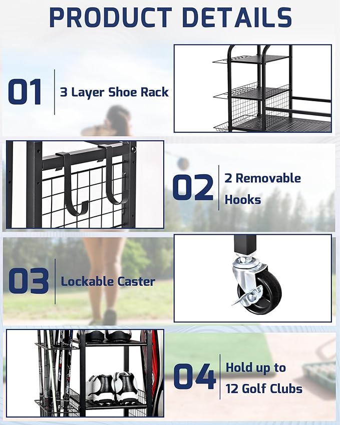 Golf Bag Storage Organizer Rack for Garage, Golf Bag Stand with Rolling Wheels, Heavy-Duty Metal Golf Equipment Organizer for Home, Garage, Clubhouse