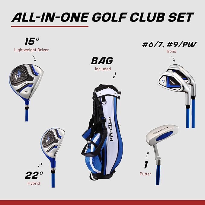Precise X7 Kids Golf Clubs Set – Boys’ & Girls’ Junior Golf Set with Lightweight Graphite Shafts, Hybrid, Putter & Stand Bag