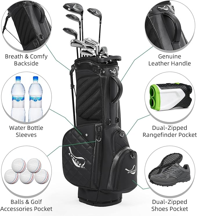 Golf Stand Bag with 14 Way Full Length Dividers, PU Leather Golf Bag for Men, Waterproof Golf Bags with Stand, 6 Pockets & Cooler Pouch, Adjustable Dual Straps, 2 Rain Cover Hood