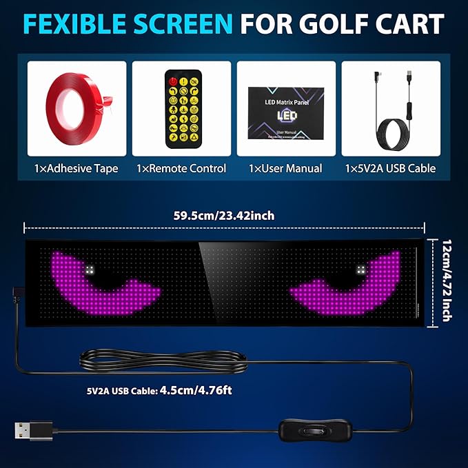 Golf Cart Multiple Devil Eyes Light Sign, 23.42"x4.72" Programmable LED Display for Windshield with App Control, DIY Pattern Flexible Screen LED Lights for Festivals Decoration