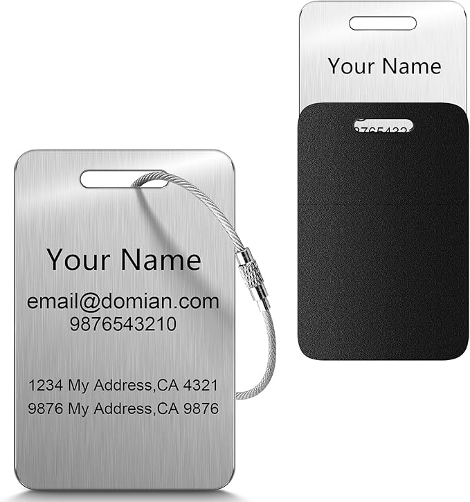 Stainless Steel Personalized Luggage Tags for Suitcases - Custom Name ID Travel Tags for Luggage, Backpacks and Bags - Metal Travel Essentials Accessories for Kids, Women and Men - Bulk Set (2 Pack)
