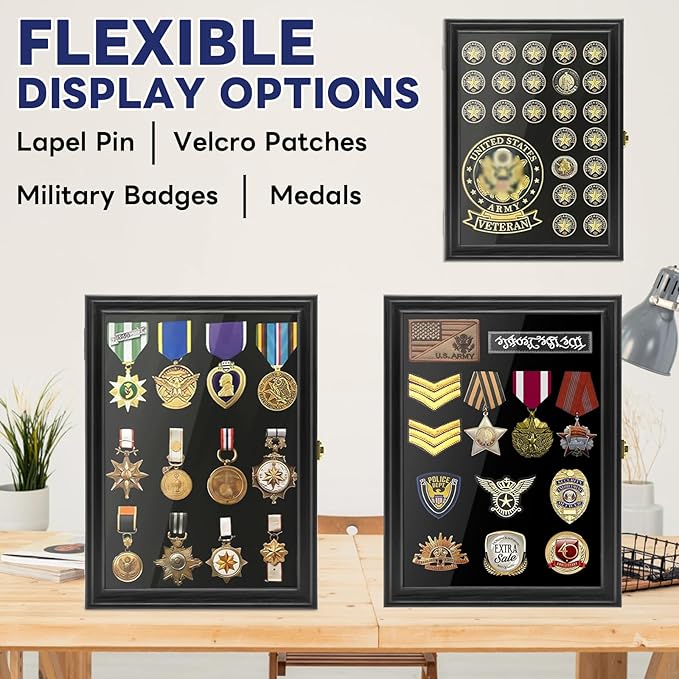 PiaoHao 15.4"X 11.2" Pin Display Case Medal Shadow Box with 98% UV Protection for Military Medals, Beach Tags, Jewelry Pins, Pin Gift, Insignia Ribbons, Pin Enthusiast Collectibles Black Finish