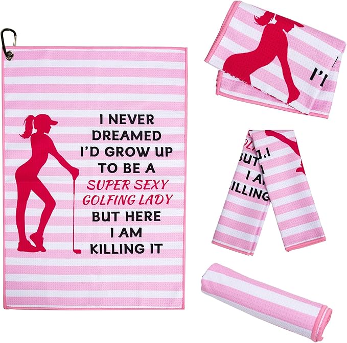Women Golf Towel for Balls & Clubs with Clip,Pink Funny Cleaning Towel,Golf Accessories Golf Gifts for Ladies Grandma Mom Sister Golfer Lover Valentines Day.I'd Grow Up to Be A Super Sexy Golfing Lady