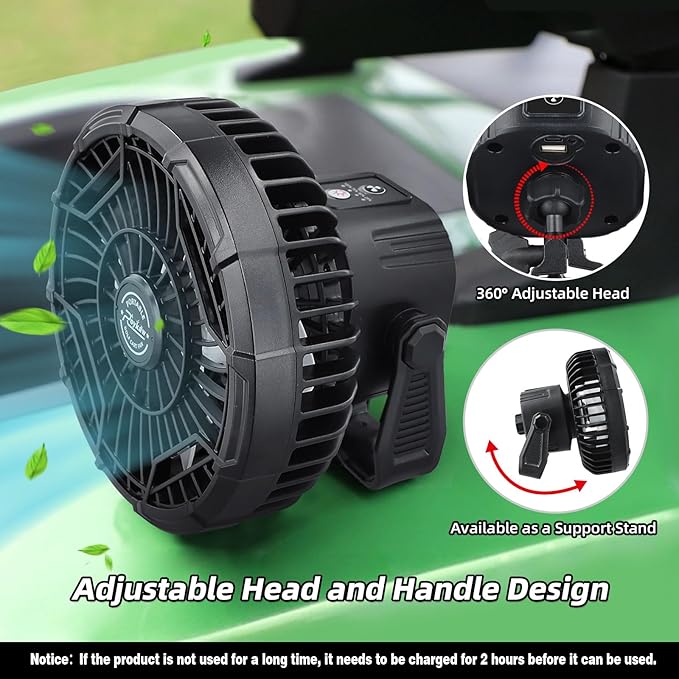 Roykaw Golf Cart Portable Rechargeable Fan Compatible with EZGO Club Car Yamaha, 10400mAh Battery Operated, 3-Gear Speed/LED Lantern, Cordless Fan with Remote/Handle/Hang Hook, USB & Type C Port