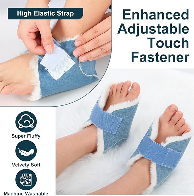 2 Pcs Heel Protectors for Pressure Sores Sheepskin Heel Pads Soft Foot Cushions Pad Protectors Adjustable Foot Pillows with Securing Strap for Bed Sore Ankle Ulcers(Light Blue)
