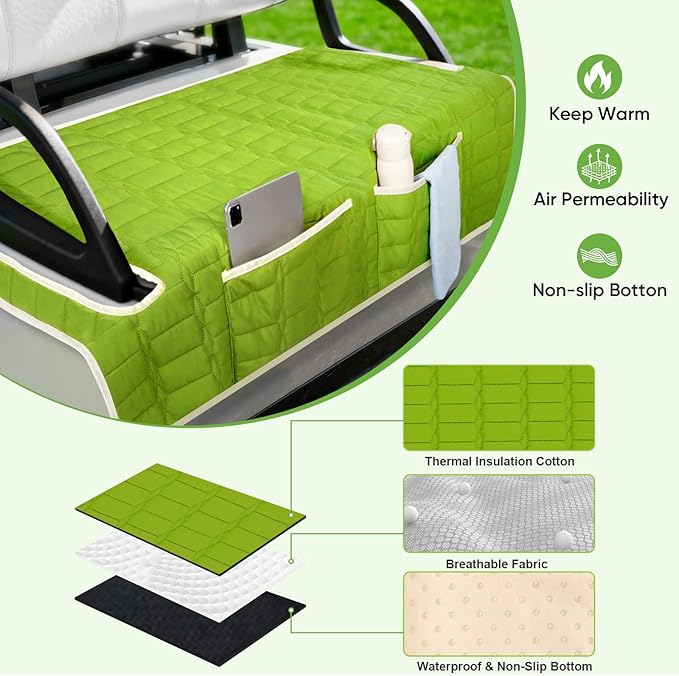 Golf Cart Seat Cover, Universal Bench Seat Cover with Storage Pockets, Non-Slip Seat Protector for Golf Cart, Fits EZGO Club Car Yamaha, Easy Install