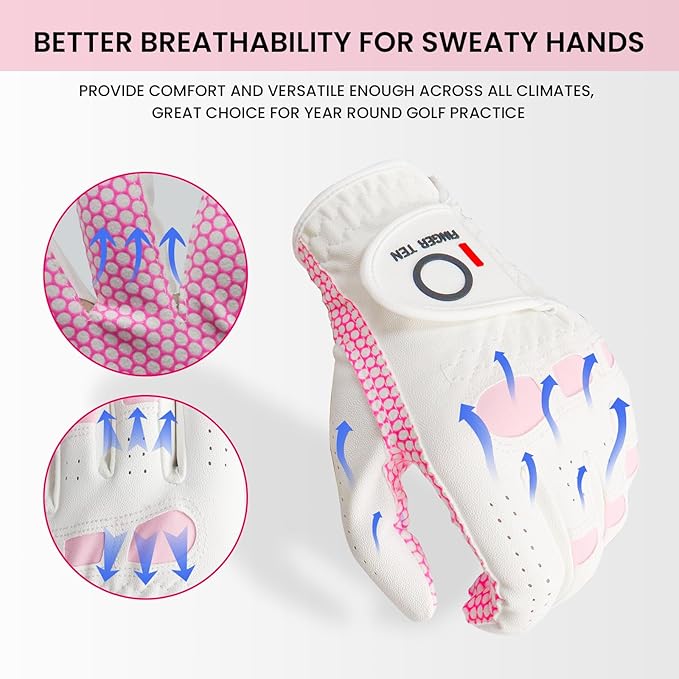 FINGER TEN Women’s Golf Gloves Ladies Left Hand Right Handed Golfer Value 6 Pack, All Weather Rain Grip Glove Pink Fit Small Medium Large XL
