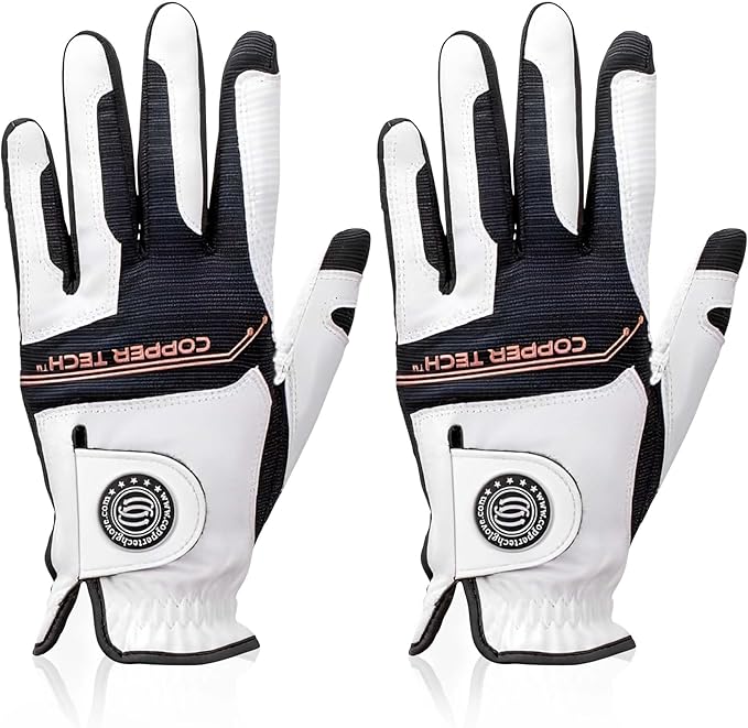 Copper Infused Golf Glove for Men – White/Black – 2 Pack – Compression Fit, Arthritis Relief, Non-Slip Grip – USGA Approved