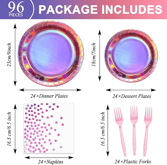 96Pcs Iridescent Pink Party Decorations Iridescent Theme Tableware Set Hot Pink Holographic Paper Plates Napkins Fork for Birthday Dinnerware Girls Women Mermaid Disco Shiny Laser Supplies 24 Guests