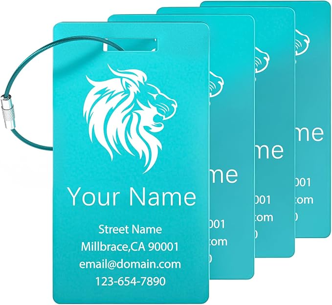 4 Pack Personalized Luggage Tags, Custom Engraved Aluminum Luggage Tags with Your Personalized Text, Waterproof Metal Name Tags With Steel Loop for Bags, Suitcase, Baggage, Backpack (Lake Blue, Large)