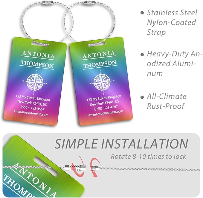 Custom Stainless Steel Luggage Tags (2 Pack) - Personalized Laser Engraved Luggage Tag, Waterproof Durable, for Bags, Backpack Travel, Suitcases (Multi Color)
