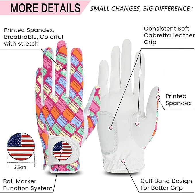 Amy Sport Womens Golf Glove with Ball Marker Rain Left Right Hand Leather Printed Pack, Ladies Golf Gloves All Weather Grip Breathable Soft Size Small Medium Large XL