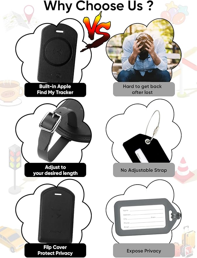 Luggage Tags Built-in Anti-Loss Tracker, Luxury Leather Luggage Tags for Suitcase, Travel Bags, Backpacks, Travel Organizer for Lost Baggage Prevention (Black*3 Pack)