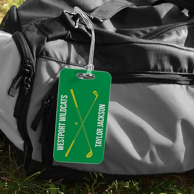 ChalkTalkSPORTS Golf Luggage & Bag Tag | Personalized Crossed Golf Clubs | Standard Lines on Back | Large | Green/Yellow