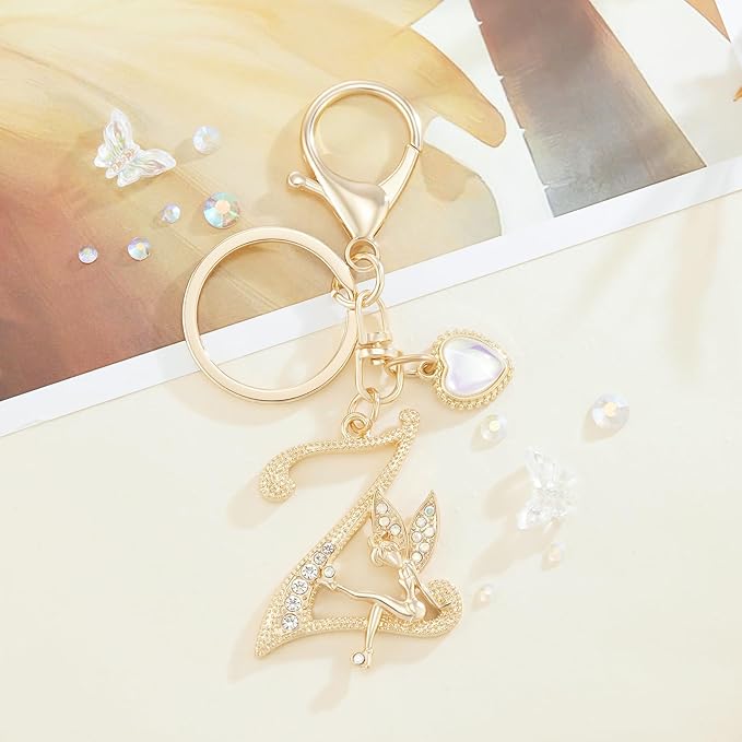 Gold Plated Alphabet Initial Letter Keyring Keychain for Women Girls Crystal Key Chains for Wallet Backpack Bag Charm