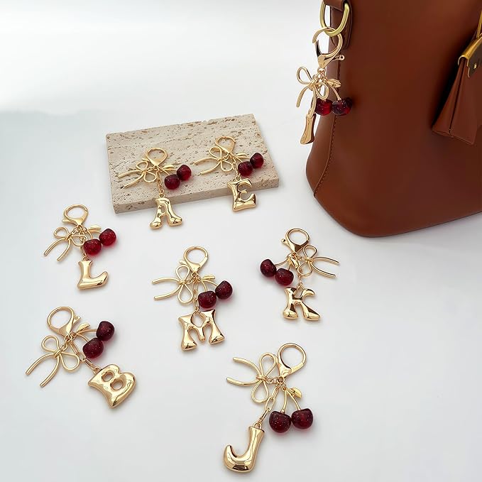 Gold Bubble Heart, Cherry, Bow & More Designs Letter Initial Keychain Bag Charms – Cute Purse Charms for Handbags