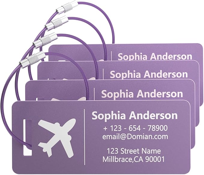 4 Pack Personalized Luggage Tags, Custom Engraved Aluminum Luggage Tags with Your Personalized Text, Waterproof Metal Name Tags with Steel Loop for Bags, Suitcase, Baggage, Backpack (Purple, Small)